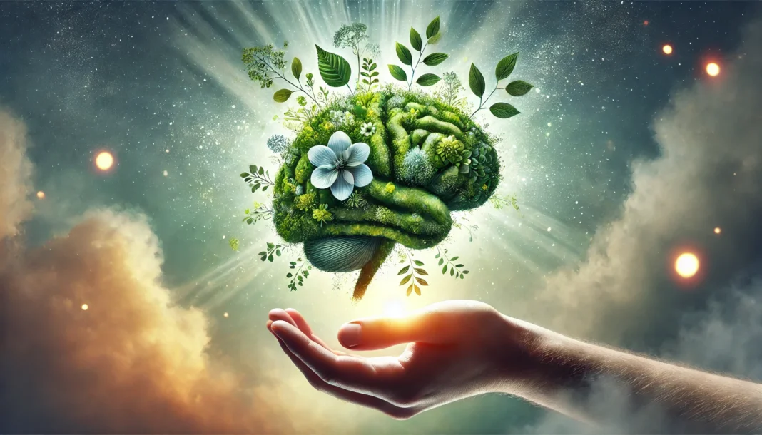 A symbolic image of a green brain made of plants and flowers floating above an open hand in soft sunlight, representing the healing and rewiring of anxiety-driven mental patterns.