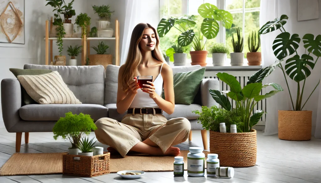 Healthy woman relaxing indoors with herbal tea, surrounded by green plants and a basket of vitamins and supplements, depicting holistic cortisol management and mental wellness through daily habits.