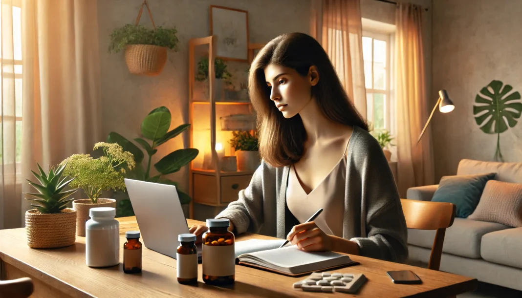 A focused young woman working at a desk with supplements beside her, symbolizing mental clarity and the cognitive benefits of vitamins for brain fog and memory.