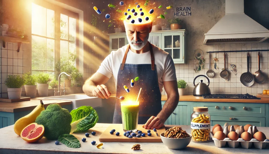 A middle-aged man preparing a brain-boosting smoothie with natural ingredients and supplement capsules, representing dietary support for memory and cognitive wellness.