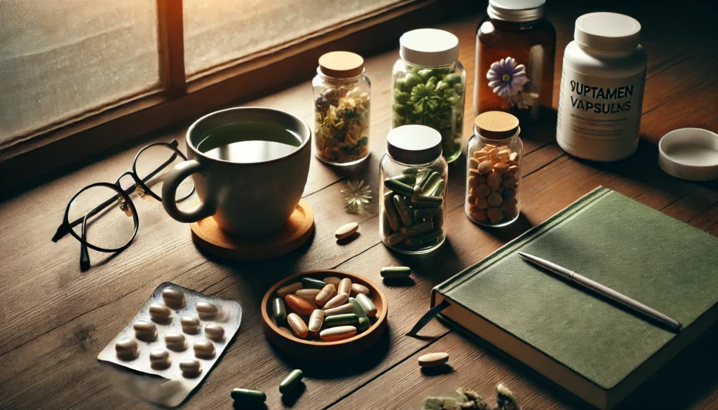 Close-up of vitamin bottles, capsules, green tea, and a notebook on a wooden table, evoking calm focus and the mindful use of brain health supplements.