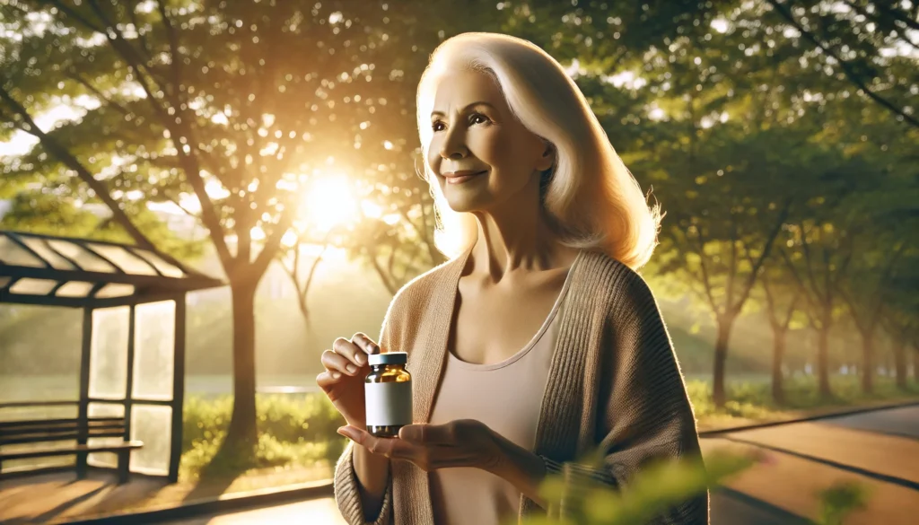 An elderly woman walking in a sunny park with a bottle of supplements in hand, symbolizing mental clarity, memory support, and the role of vitamins in healthy aging.