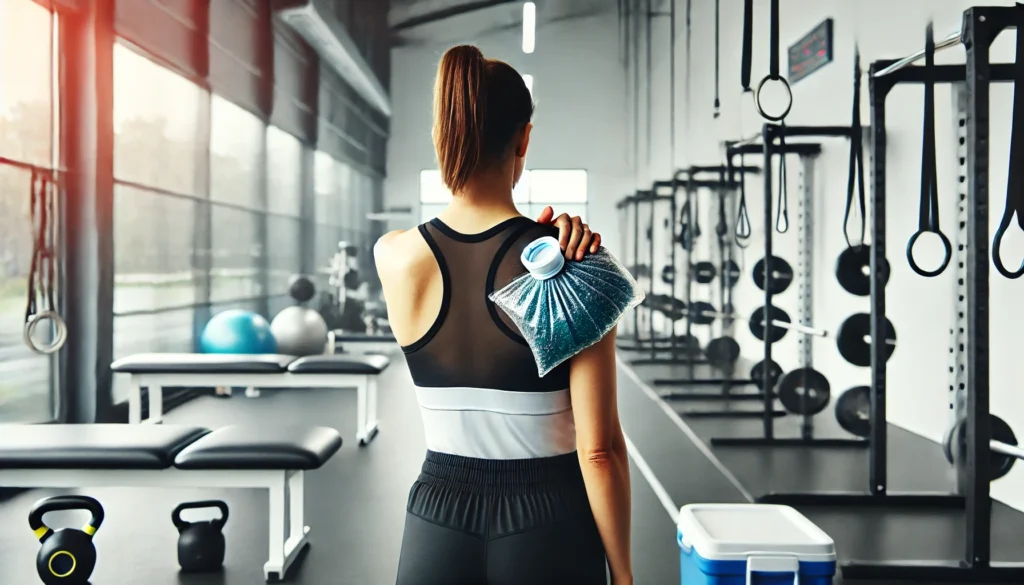Female athlete applying a cold pack to her shoulder in a modern rehab center, showcasing targeted cold pack therapy for post-exercise recovery.
