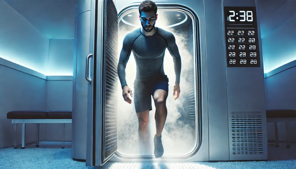Athlete stepping out of a cryotherapy chamber in a futuristic recovery center with cool blue lighting and frosty air, visually representing cold application for performance optimization and inflammation relief.