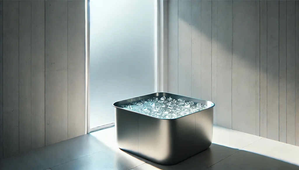 Modern minimalist bathroom featuring a stainless steel plunge tub filled with ice and water, bathed in natural light, capturing the serenity and effectiveness of at-home ice cold therapy for wellness recovery.