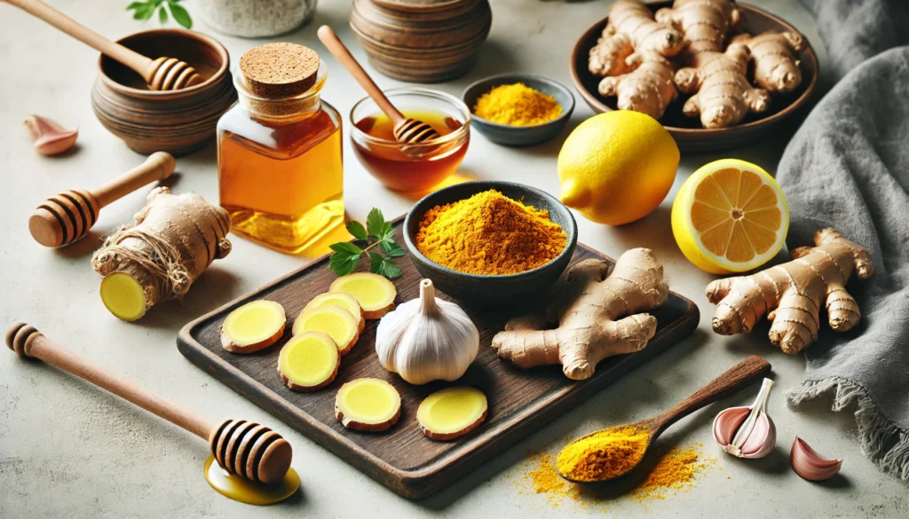 A rustic kitchen table displaying natural home remedy ingredients like fresh ginger, turmeric, garlic, lemon, and honey—ideal for easing symptoms of body aches and chills without fever.