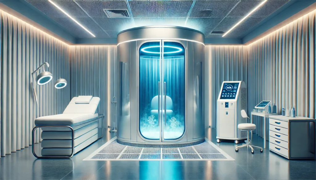 Futuristic cryotherapy chamber in a high-tech wellness clinic, illuminated with cool blue lighting to emphasize advanced recovery and health optimization.