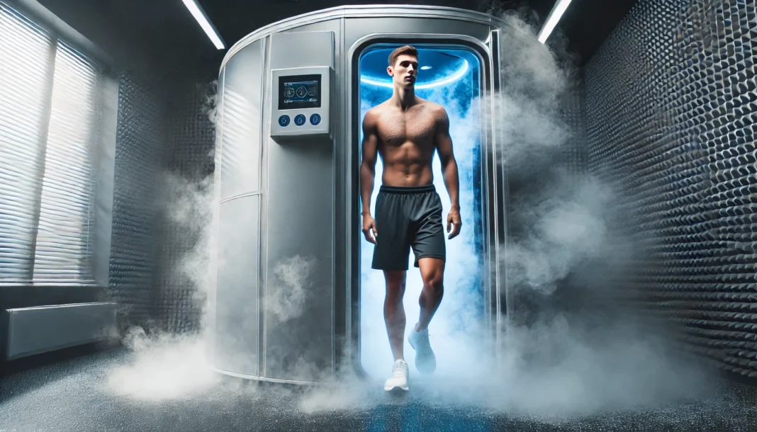 Athlete exiting a cryotherapy chamber surrounded by icy vapor, symbolizing rejuvenation and enhanced physical recovery post-training.