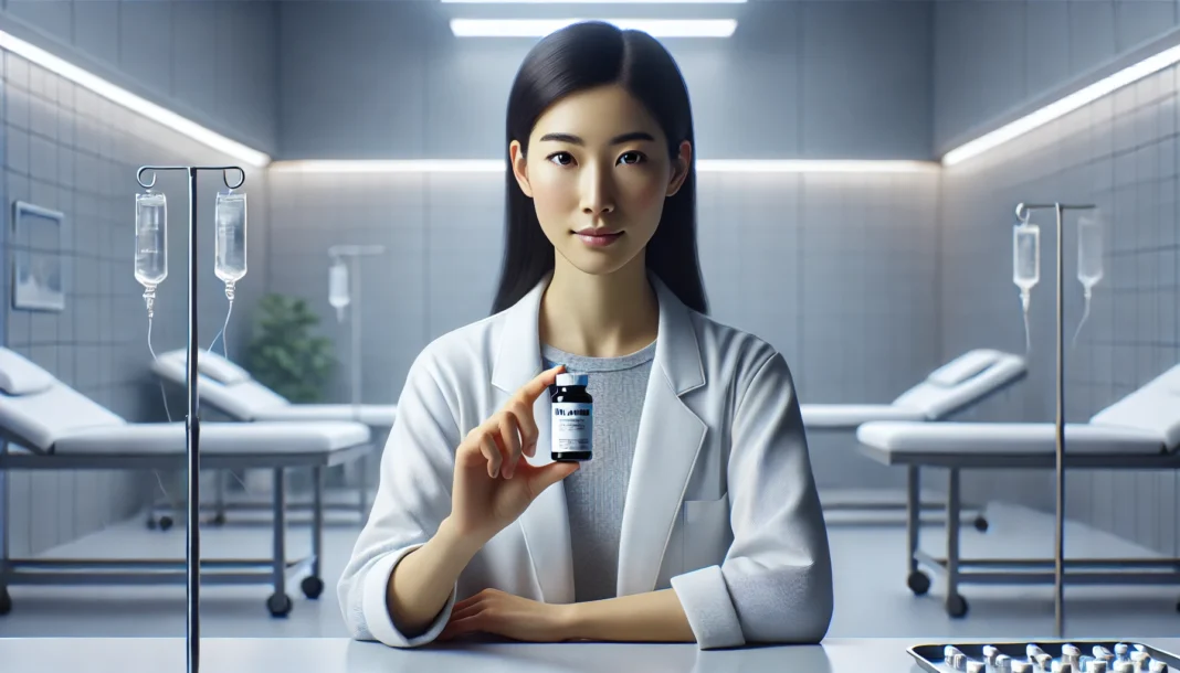 An Asian woman holds a melatonin bottle in a sterile clinical environment with cool lighting, highlighting focused attention on medical sleep solutions for child insomnia and teen sleep challenges.