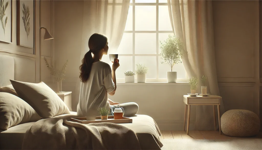 A calm adult woman drinks herbal tea in a softly lit bedroom with morning sunlight filtering through sheer curtains. The peaceful atmosphere and natural setting suggest gentle sleep remedies and a quiet wellness routine.