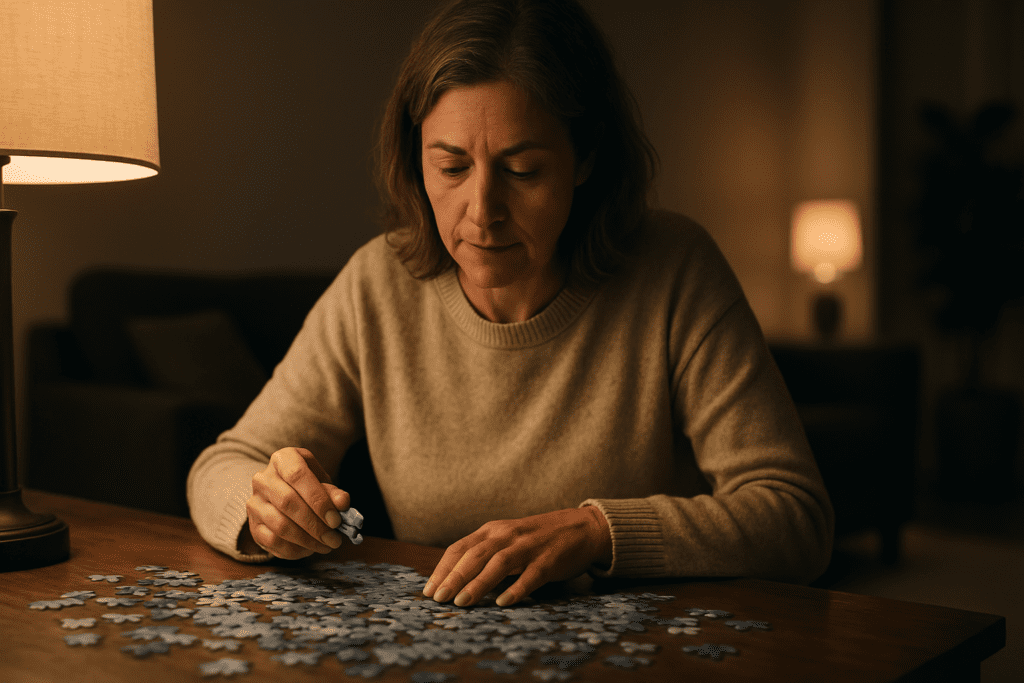 A light-skinned middle-aged woman with shoulder-length grayish-brown hair focuses intently on a jigsaw puzzle at a wooden table in a warmly lit living room. The soft night lighting and calm environment emphasize the value of mentally engaging activities for enhancing focus and supporting cognitive health naturally.