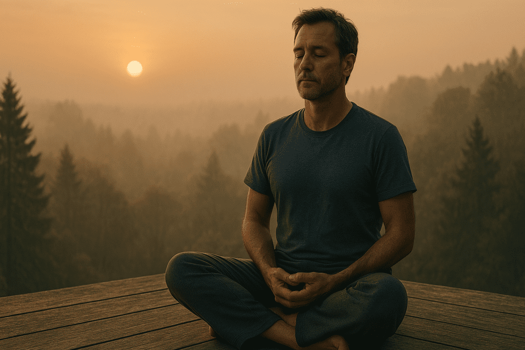  A middle-aged man with a calm expression meditates cross-legged on a weathered wooden platform as golden morning sunlight pierces through misty forest fog. The serene natural backdrop and his focused posture highlight the role of mindful rituals and nature immersion in enhancing concentration and cognitive wellness.