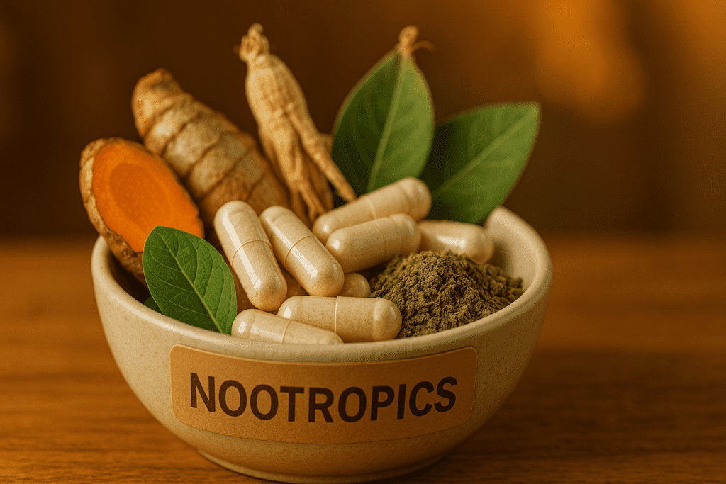 A beige ceramic bowl labeled “NOOTROPICS” is filled with natural supplement capsules, turmeric root, ginseng, green leaves, and powdered herbs, resting on a wooden surface under warm indoor lighting. This close-up highlights key natural nootropic ingredients used for mental clarity, energy, and cognitive wellness.




