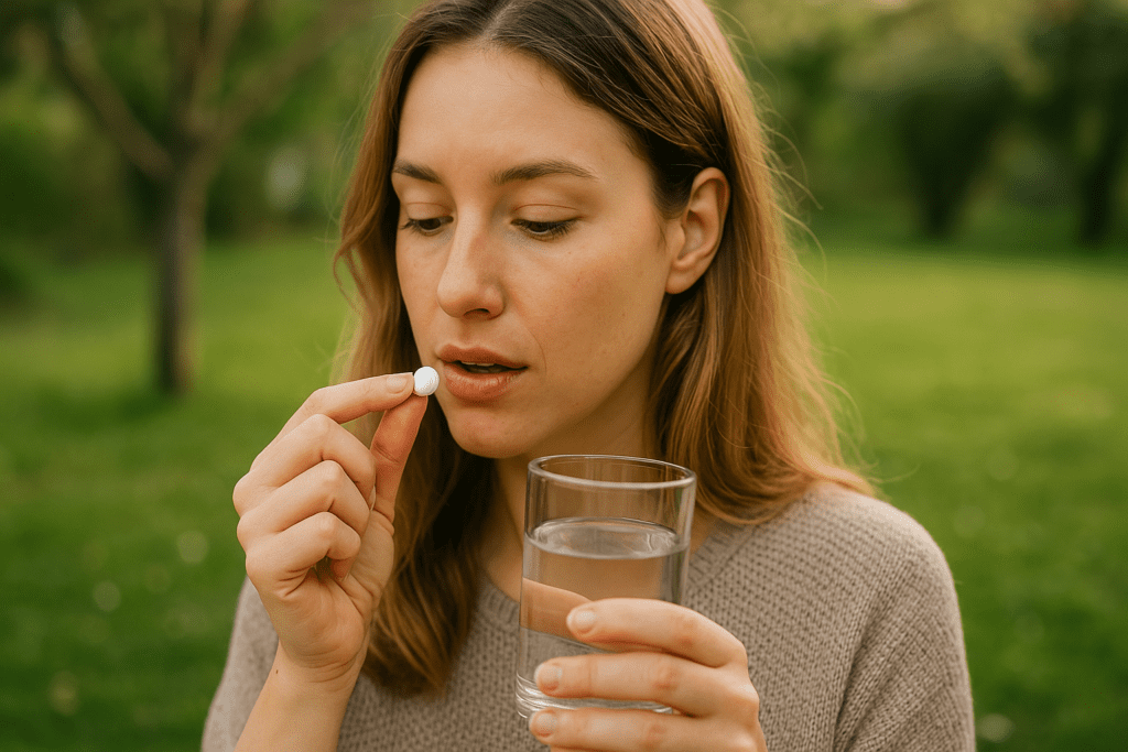 A young woman stands outdoors in a tranquil garden, holding a white nootropic pill in one hand and a glass of water in the other, softly illuminated by gentle morning light. The natural setting and calm expression convey the mindful use of natural nootropic ingredients for cognitive enhancement and wellness.






