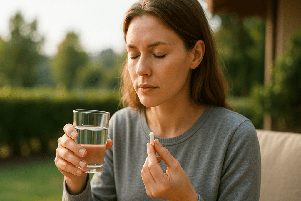 A high-resolution photograph captures a young Caucasian woman with light brown hair sitting outside in soft morning light, holding a glass of water and a supplement pill. The serene garden setting and her calm expression visually convey the natural, science-backed benefits of nootropics for anxiety and stress relief.
