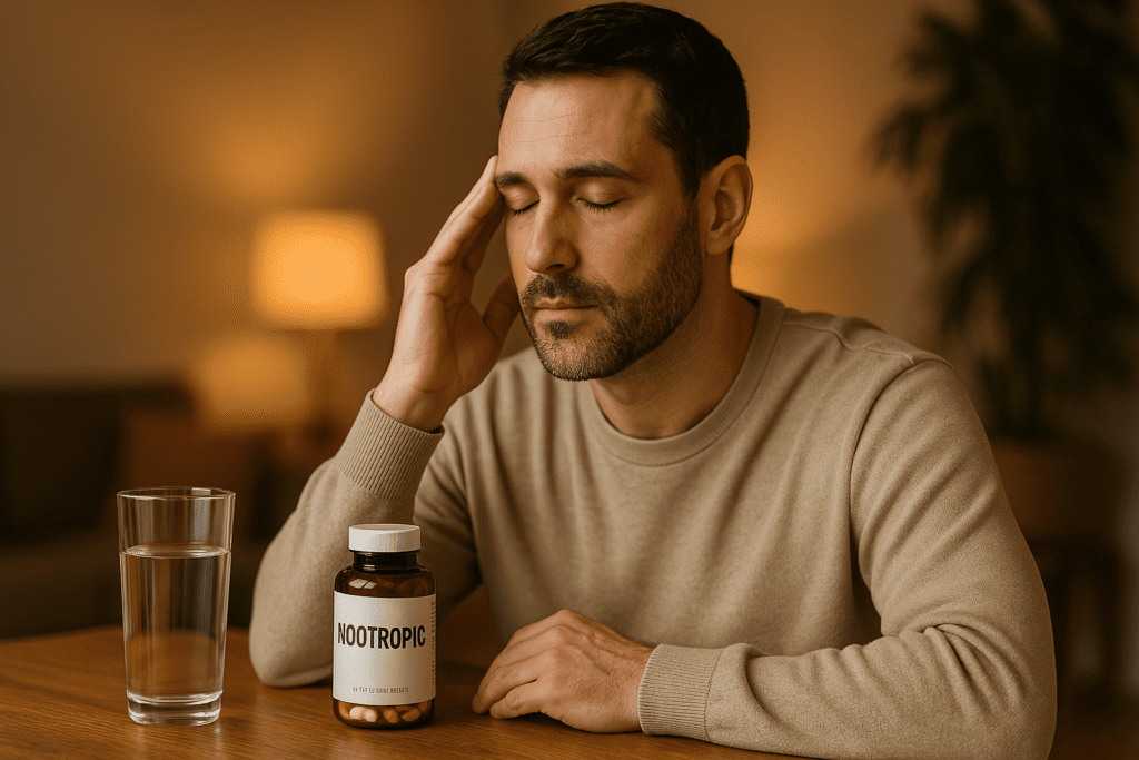 A photograph shows a Caucasian man in his late 30s sitting indoors under warm ambient lighting, appearing calm and focused at a wooden table with a nootropic supplement bottle and water glass in front of him. The inviting, softly lit environment symbolizes the supportive role of stress-reducing nootropics for mental clarity and emotional resilience.