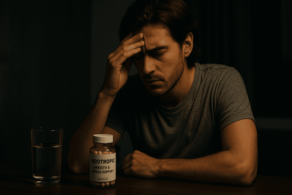 A photograph of a young Caucasian man in his late 20s shows him sitting alone at a dark wooden table under moody, dramatic lighting, holding his forehead with tension visible on his face. A bottle of nootropic supplements and a glass of water suggest a moment of personal struggle, highlighting the role of science-backed supplements in managing anxiety and fostering resilience.