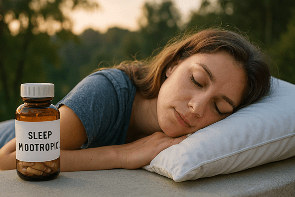 A photograph captures a young Caucasian woman in her twenties sleeping peacefully outdoors in soft natural morning light, her head resting on a pillow beside a small bottle labeled "SLEEP NOOTROPIC." The surrounding foliage and warm golden sunlight evoke a calm, rejuvenating atmosphere, highlighting the concept of natural nootropic sleep aids for cognitive recovery.