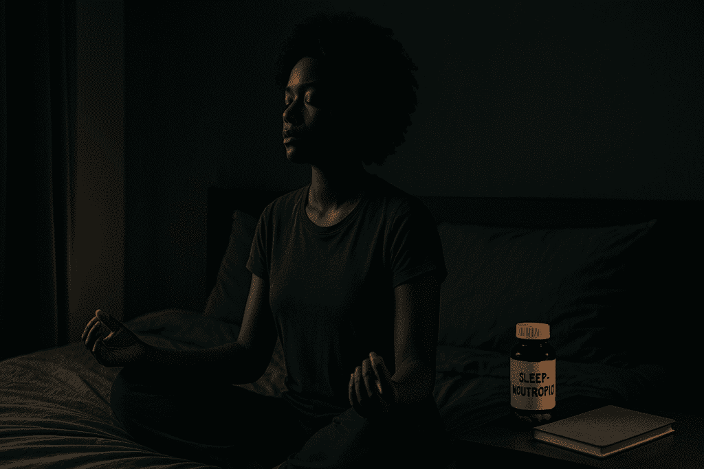 A photograph captures a young African American woman meditating cross-legged on her bed in moody, low lighting, with dramatic shadows creating a serene, introspective atmosphere. Beside her, a "Sleep Nootropic" bottle and closed journal suggest a calming nightly ritual aimed at improving rest and cognitive recovery through natural supplementation.