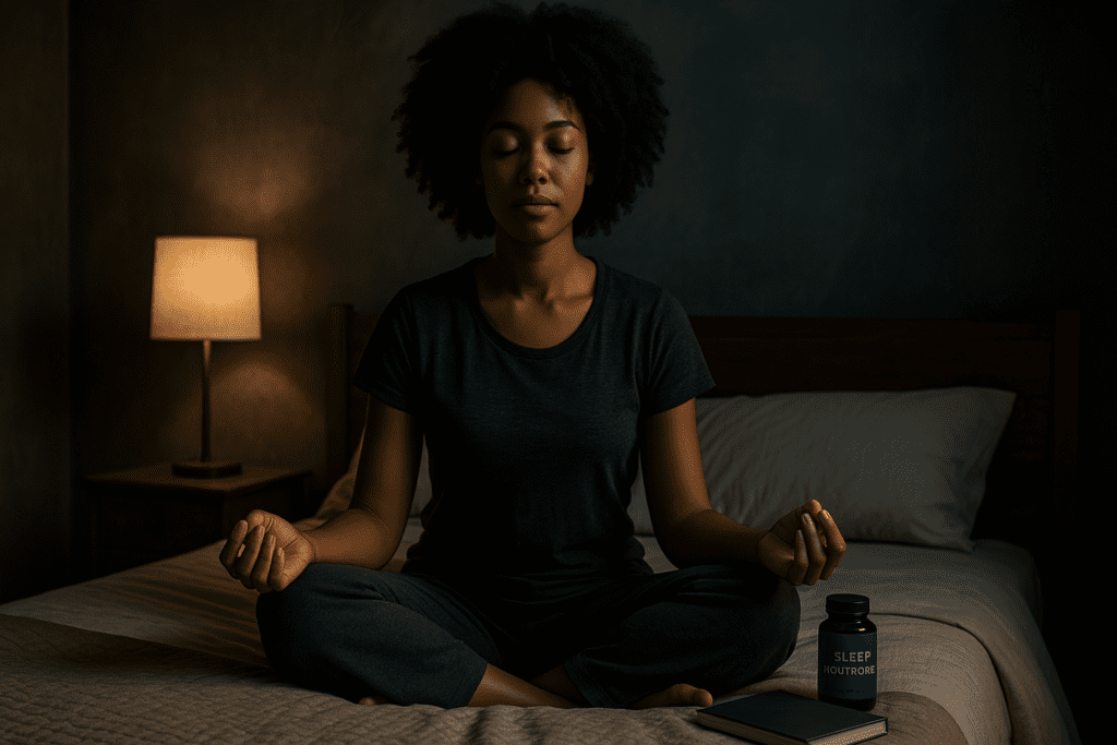 A photograph captures a young African American woman meditating in a dimly lit bedroom, seated peacefully on her bed with a warm table lamp casting soft, ambient shadows. A sleep nootropic bottle and closed book rest beside her, reinforcing the theme of natural sleep aids and mindful nighttime rituals for enhanced cognitive recovery.