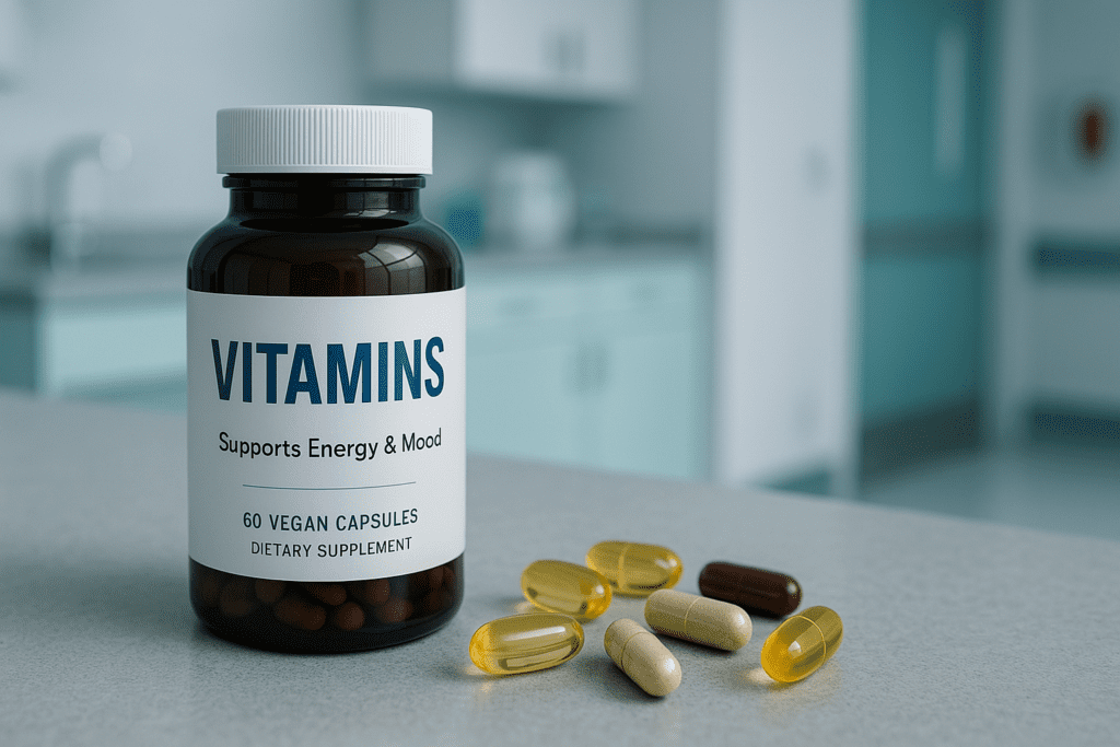 A bottle labeled "VITAMINS - Supports Energy & Mood" sits on a clean countertop in a modern, clinical setting, with assorted capsules scattered nearby. The cool clinical lighting and sterile environment emphasize the role of scientifically-backed supplements in supporting energy and depression relief.