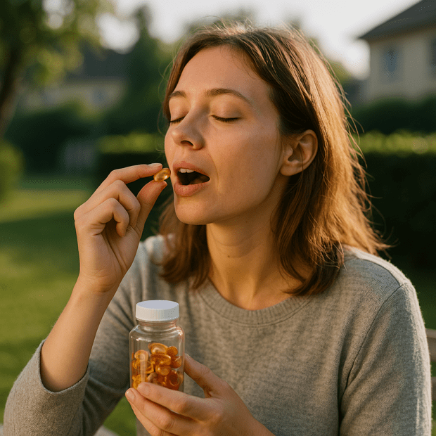 A young woman sits peacefully in a sunlit suburban garden, holding a bottle of colorful supplement capsules and preparing to take one. The soft morning light and calm expression on her face underscore the theme of natural mental health support through vitamins for energy and depression.