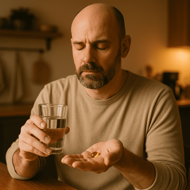 A middle-aged man with a beard sits in a warmly lit kitchen, holding a glass of water and a few vitamin capsules in his palm. The ambient glow of indoor lighting and his reflective posture convey a focus on natural ways to boost energy and combat depression through supplements.