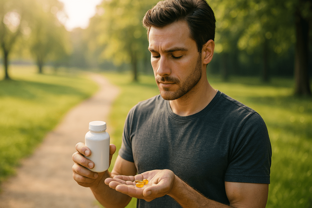 A young man stands outdoors in a peaceful, green park during the early morning light, examining a bottle of natural supplements and holding capsules in his hand. The soft sunlight emphasizes the theme of energy and mental clarity supported by science-backed nutrients in a natural setting.