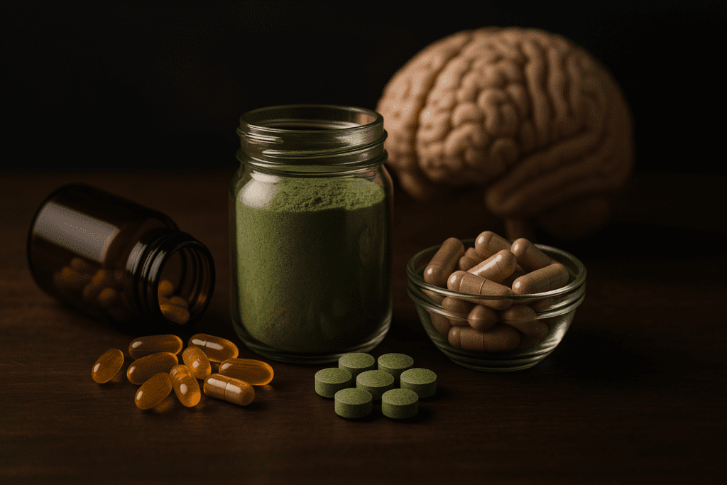A moody, dramatic image displays natural supplements—softgel capsules, herbal powders, and tablets—artfully arranged on a dark wooden surface with a blurred brain model in the background. The shadows and lighting emphasize the link between cognitive health and science-backed nutrients for focus and vitality.