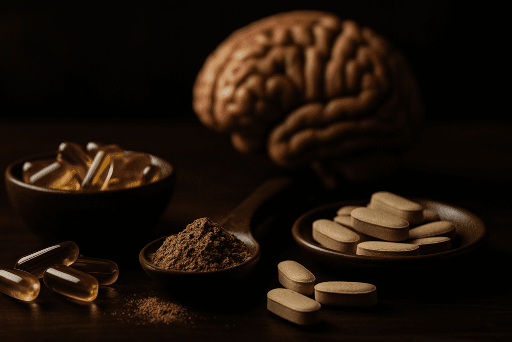 A warm-lit image showcases a variety of natural supplements, including golden capsules in a bowl, a spoonful of green powder, and beige tablets, arranged neatly on a dark wooden surface. A softly blurred brain model in the background reinforces the theme of science-supported nutrients for mental clarity and cognitive energy.