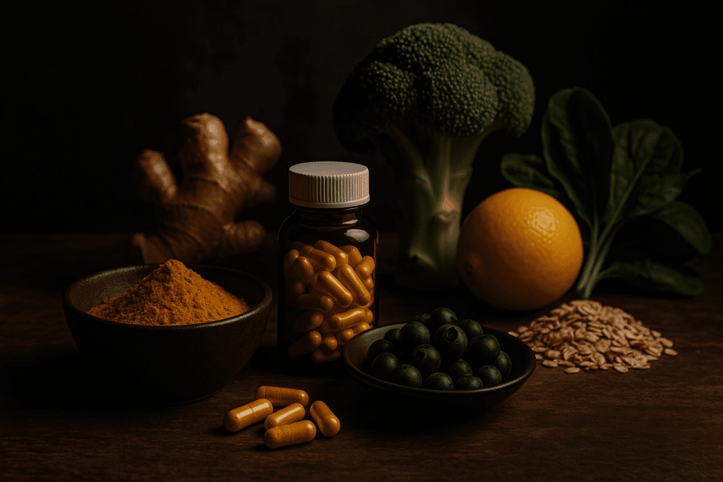 A rustic wooden table is arranged with turmeric, blueberries, vegetables, and a small amber supplement bottle, all illuminated by moody lighting with dramatic shadows. The contrast between the dark backdrop and the nutrient-rich ingredients evokes a calming, earthy atmosphere that visually conveys natural wellness and immune-boosting nutrition.