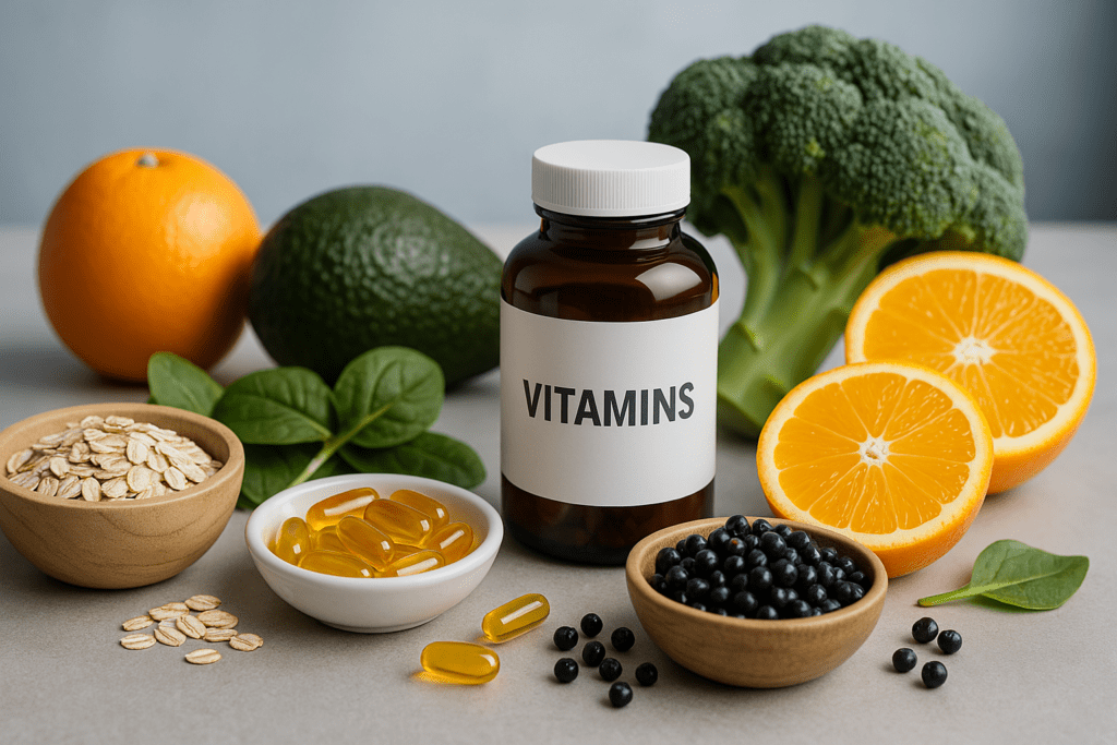 A neatly arranged spread of natural food vitamins and supplements sits atop a clean, modern counter, illuminated by cool clinical lighting. The composition features berries, grains, and colorful capsules against a sterile background, symbolizing the science-backed connection between diet, energy, and immune health.