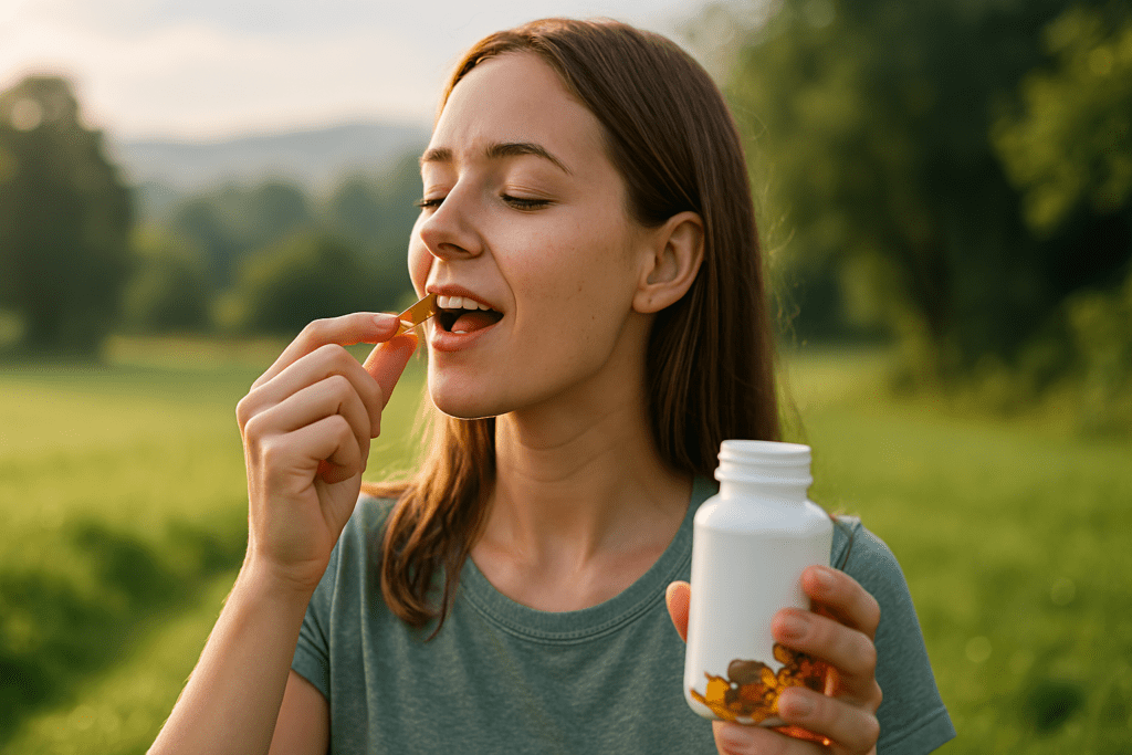 A young woman stands outside in soft natural morning light, gently holding a vitamin capsule and its bottle. She is surrounded by a lush green background with dewy grass and trees, evoking a tranquil, health-focused start to the day. The image reflects natural wellness rituals and highlights the benefits of supplement foods for energy and vitality.
