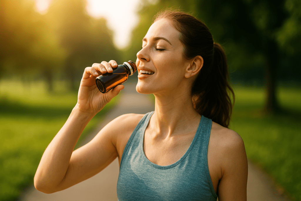 A smiling young woman in athletic gear drinks from a glass bottle under warm ambient light in a tree-lined park. Her posture and glow suggest post-workout recovery, reinforcing the connection between energy supplements and physical vitality in a modern outdoor setting.