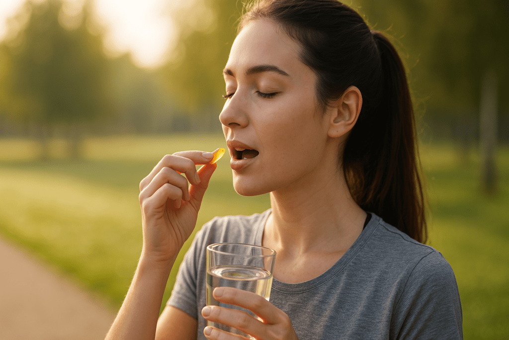 In golden morning light, a woman prepares to take a yellow energy supplement while holding a glass of water in a tranquil park. Her serene expression and the blurred greenery around her emphasize the wellness benefits of natural vitamins for energy and vitality.


