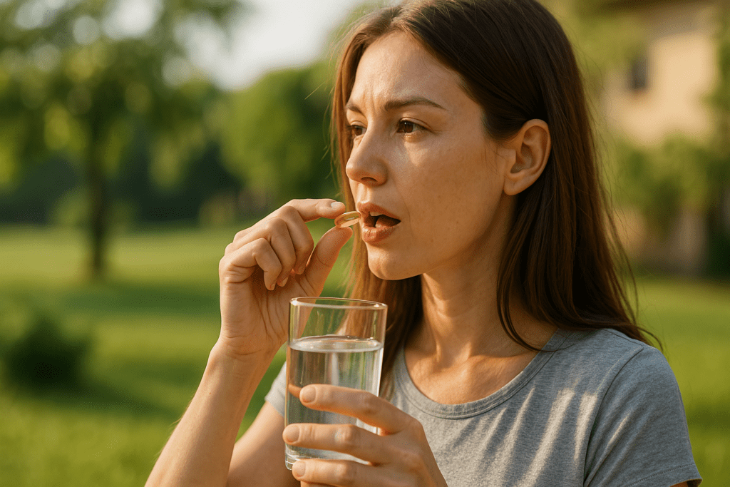 A young woman with chestnut-brown hair holds a vitamin capsule and glass of water while standing in a sunlit grassy field. Captured in soft natural morning light, the image evokes a calm and health-focused mood, illustrating the concept of taking energy-boosting vitamins naturally.

