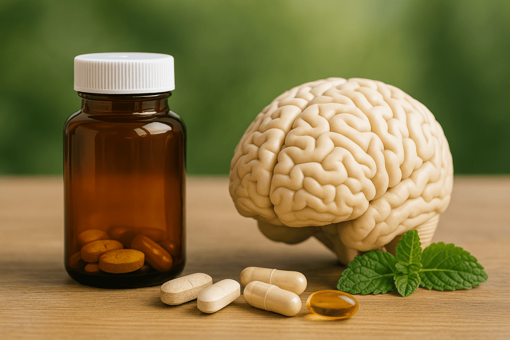 Close-up of an amber supplement bottle and various capsules beside a detailed brain model and mint leaves on a wooden surface, representing nutritional brain health and natural cognitive enhancement.
