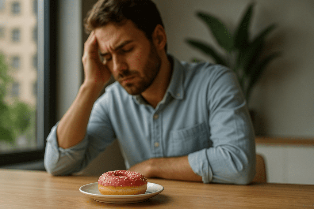 A photorealistic image shows a young Caucasian man in his late twenties seated near a large window in soft natural morning light, gazing thoughtfully at a vibrant pink-glazed doughnut on the table. The contrast between his contemplative mood and the sugary snack symbolizes the afternoon temptation for quick fixes over smart snacking strategies for sustained energy.