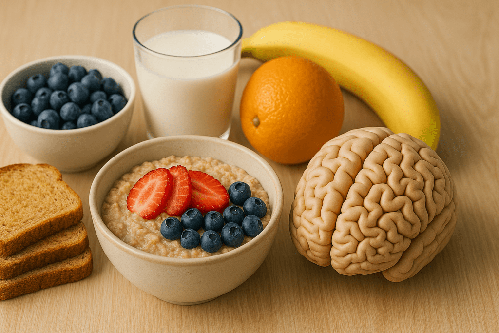 A warm, inviting breakfast setup with oatmeal, toast, fruit, and milk, subtly including a brain model to highlight the role of a nutritious morning meal in brain support.