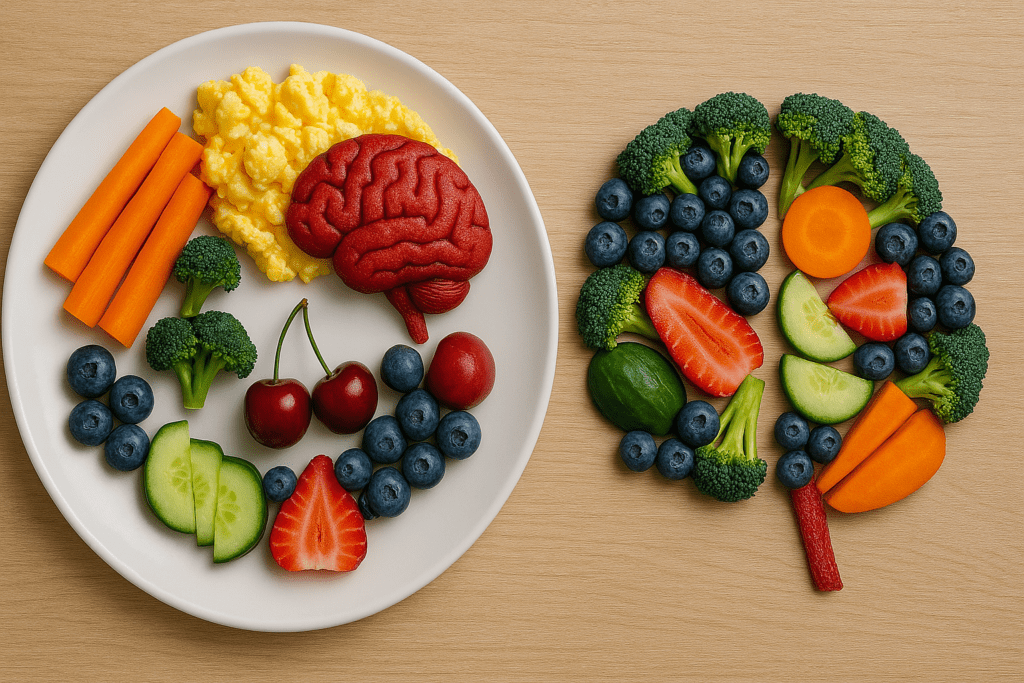 A creative breakfast display with a plate of eggs and vegetables beside a brain-shaped arrangement made of fruits and vegetables, representing nourishment for cognitive function.