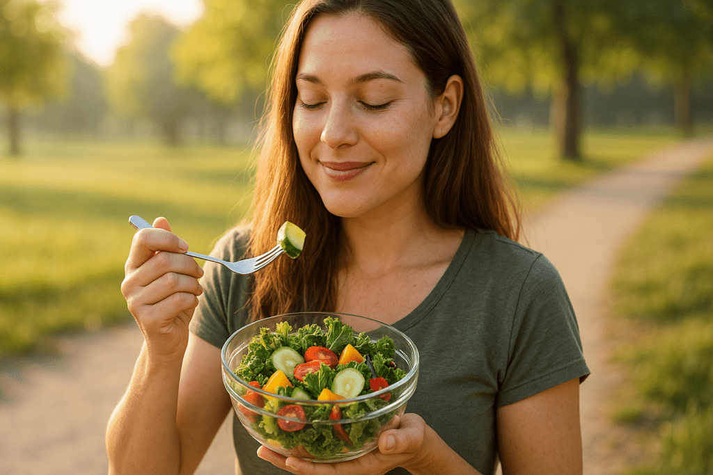 A young woman with long light brown hair stands in a sunlit park, peacefully enjoying a fresh salad filled with kale, cherry tomatoes, and cucumbers. The soft morning light and lush greenery evoke a natural, calming atmosphere, supporting the theme of improving digestion naturally with science-backed foods.