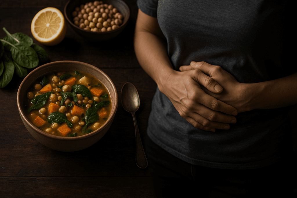 A moody overhead photo of a rustic wooden table displays a warm bowl of vegetable and legume soup beside spinach, lemon, and chickpeas, while a woman’s hands rest gently on her stomach. The dramatic shadows and natural ingredients emphasize the role of whole foods in supporting healthy digestion.