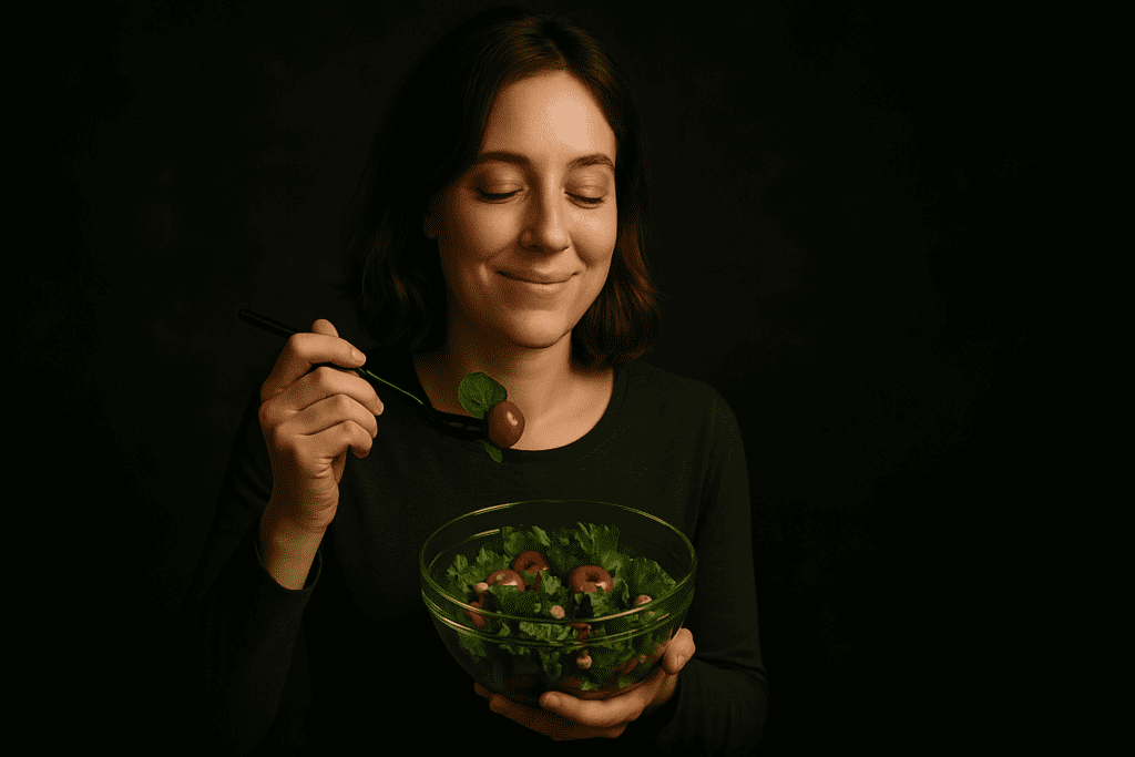 A young woman with wavy brown hair gently smiles with her eyes closed as she holds a colorful bowl of fresh salad and lifts a bite with cherry tomato and spinach. The photorealistic, wide-format image uses soft lighting and a dark background to highlight natural foods that support digestion, ideal for web article presentation.