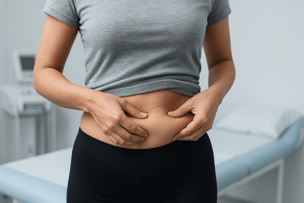  A woman stands in a clinical setting under cool, sterile lighting, gently pinching a fold of skin on her midsection as she examines her stomach. The clean medical background and focus on body awareness reinforce the theme of metabolism, wellness tracking, and physical transformation.