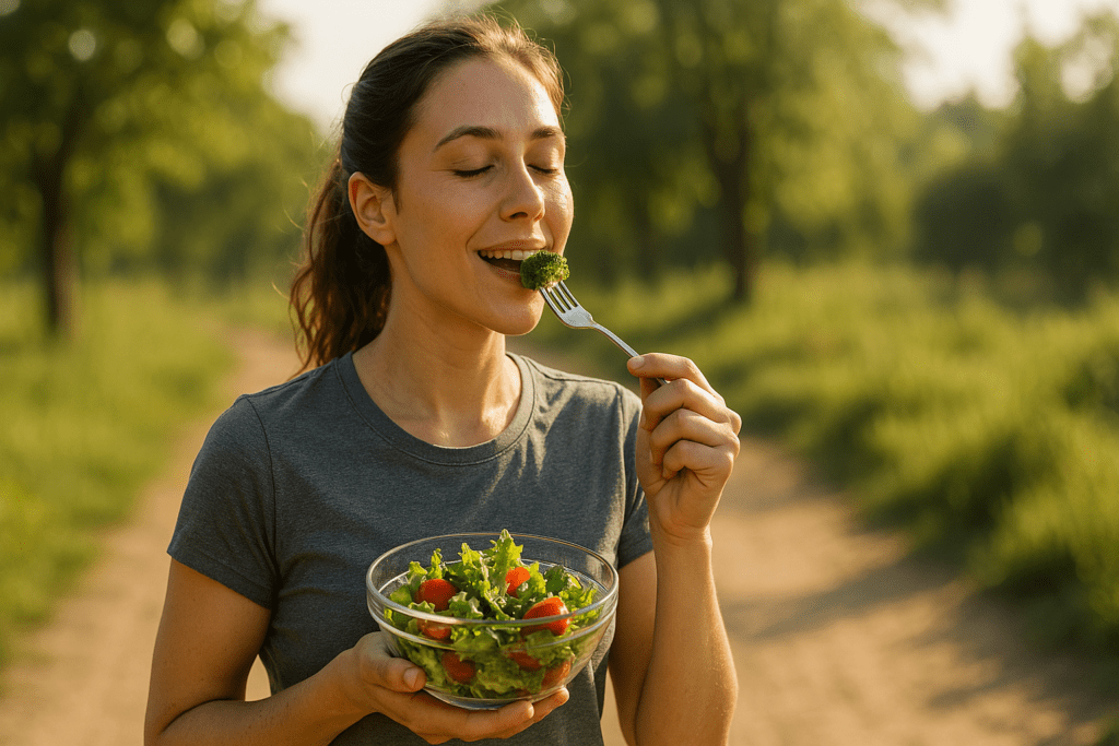A young woman stands outdoors on a sunny morning, peacefully enjoying a fresh green salad. Surrounded by lush greenery and warm natural light, she smiles with her eyes closed while holding a bowl of leafy vegetables and lifting a bite of broccoli with her fork—visually reinforcing the theme of metabolism-boosting foods