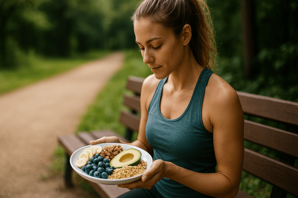A young woman with a fit build sits on a wooden bench in a serene park, holding a plate of healthy, calorie-dense but low-fat foods like avocado, walnuts, and blueberries. Soft natural daylight and a blurred background of greenery visually reinforce the theme of smart, energy-rich eating for sustained vitality.

