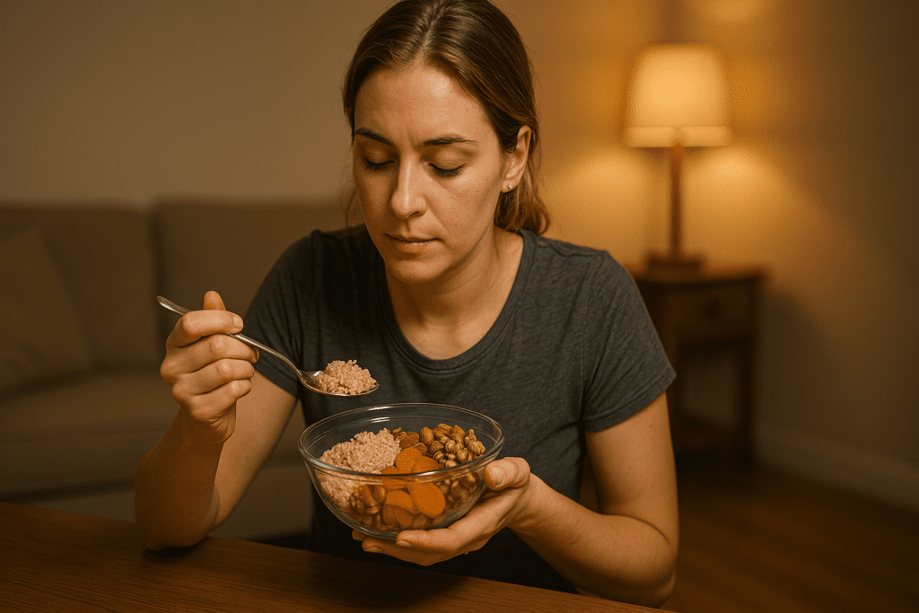 A blonde woman sits in a warmly lit, minimalist kitchen, calmly enjoying a nutrient-dense meal featuring whole grains and fruit. The ambient lighting and intimate indoor setting emphasize the importance of mindful eating and smart food choices that support energy without excess fat.

