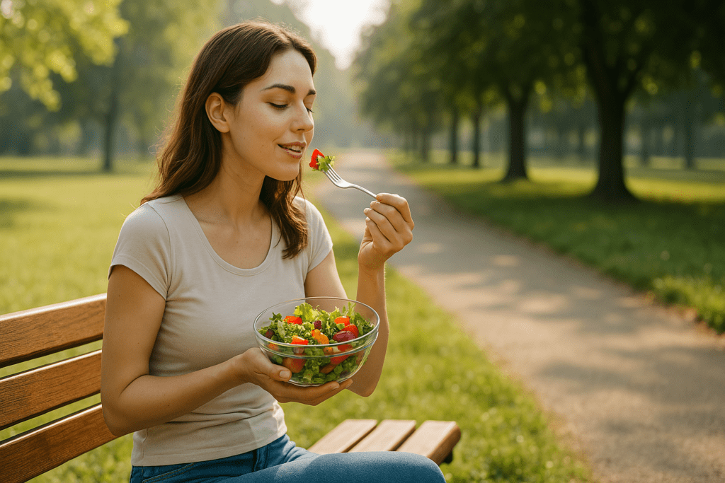A high-resolution photograph captures a young woman in her twenties sitting on a sunlit park bench, smiling softly as she enjoys a colorful, fresh salad. Surrounded by lush greenery and dappled morning light, the peaceful outdoor setting visually reinforces the theme of natural weight loss through healthy, nutritionist-backed foods.