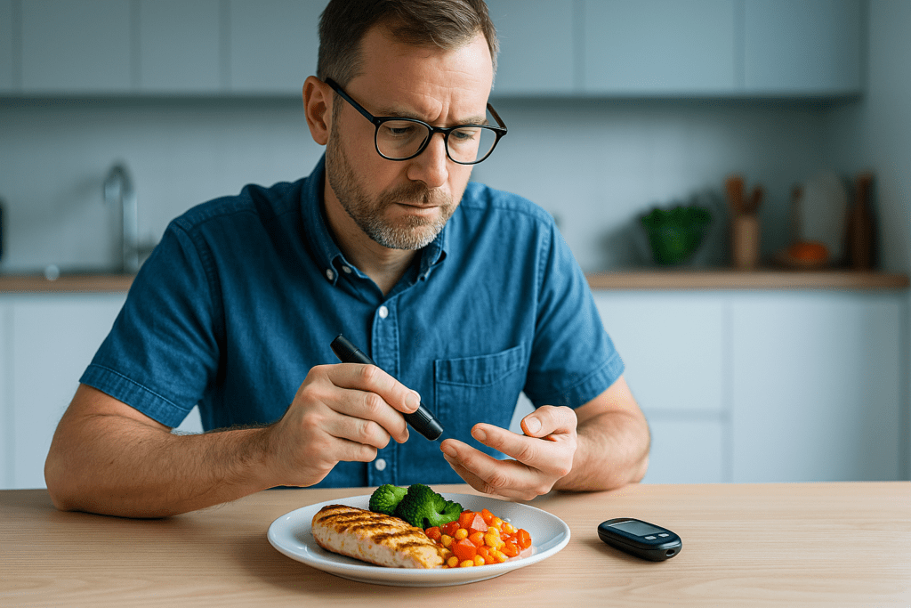 A photo of a light-skinned man in a modern kitchen checking his blood sugar before eating a balanced, diabetic-friendly meal. The scene, lit by cool clinical lighting, reinforces the importance of glucose monitoring as part of managing diabetic cuisine and crafting the best lunch for diabetics.