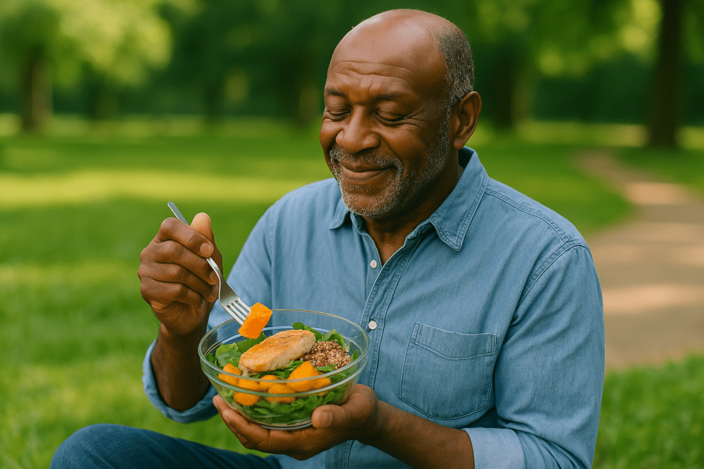A photorealistic image of an elderly Black man seated in a sunlit park, smiling as he enjoys a vibrant salad made with diabetes-friendly ingredients. The natural morning light and outdoor setting highlight the peaceful simplicity of choosing the best lunch for diabetics in everyday life.




